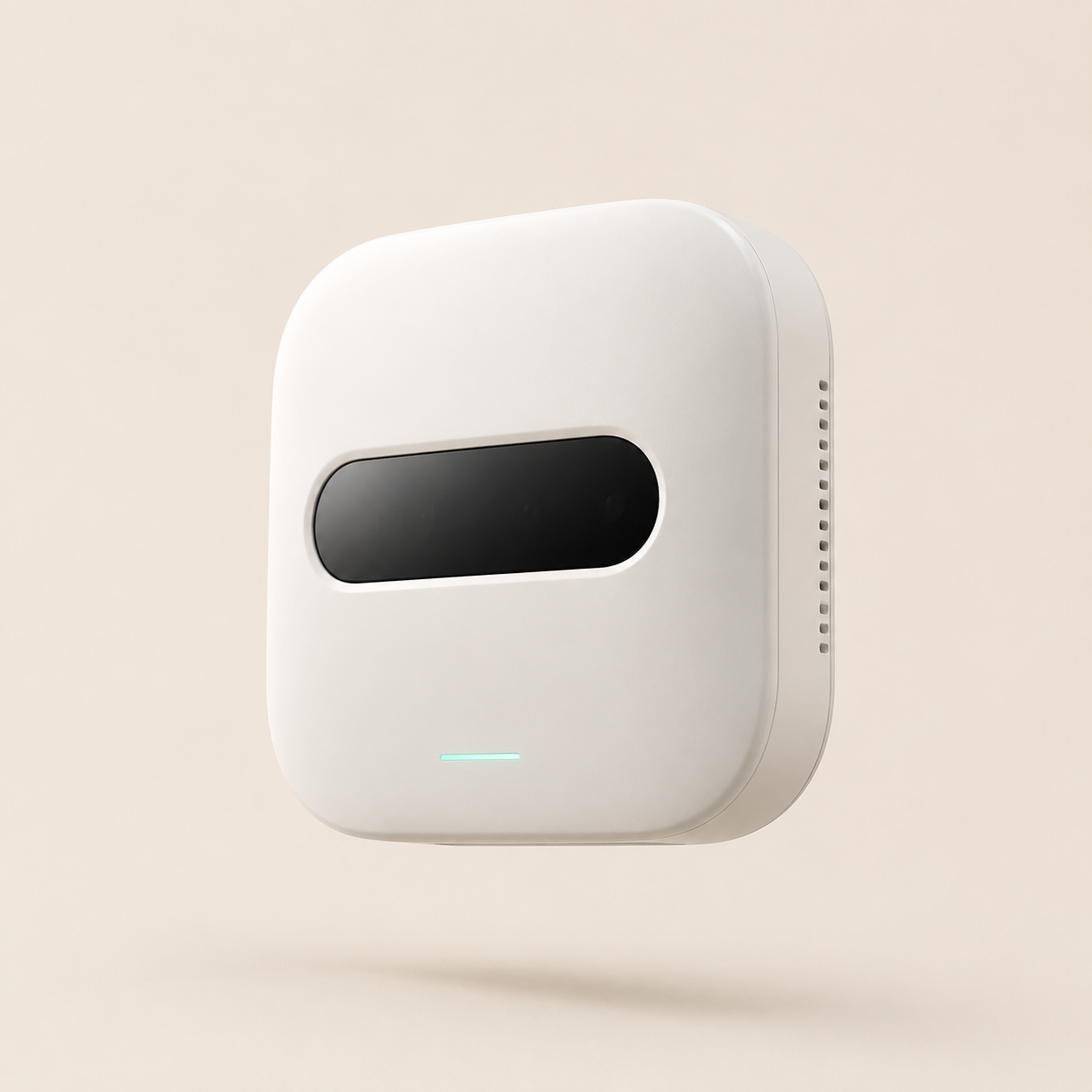 Mindeze Halo - a compact ceramic-white presence sensor with a smoked sensor window and a soft mint status light.