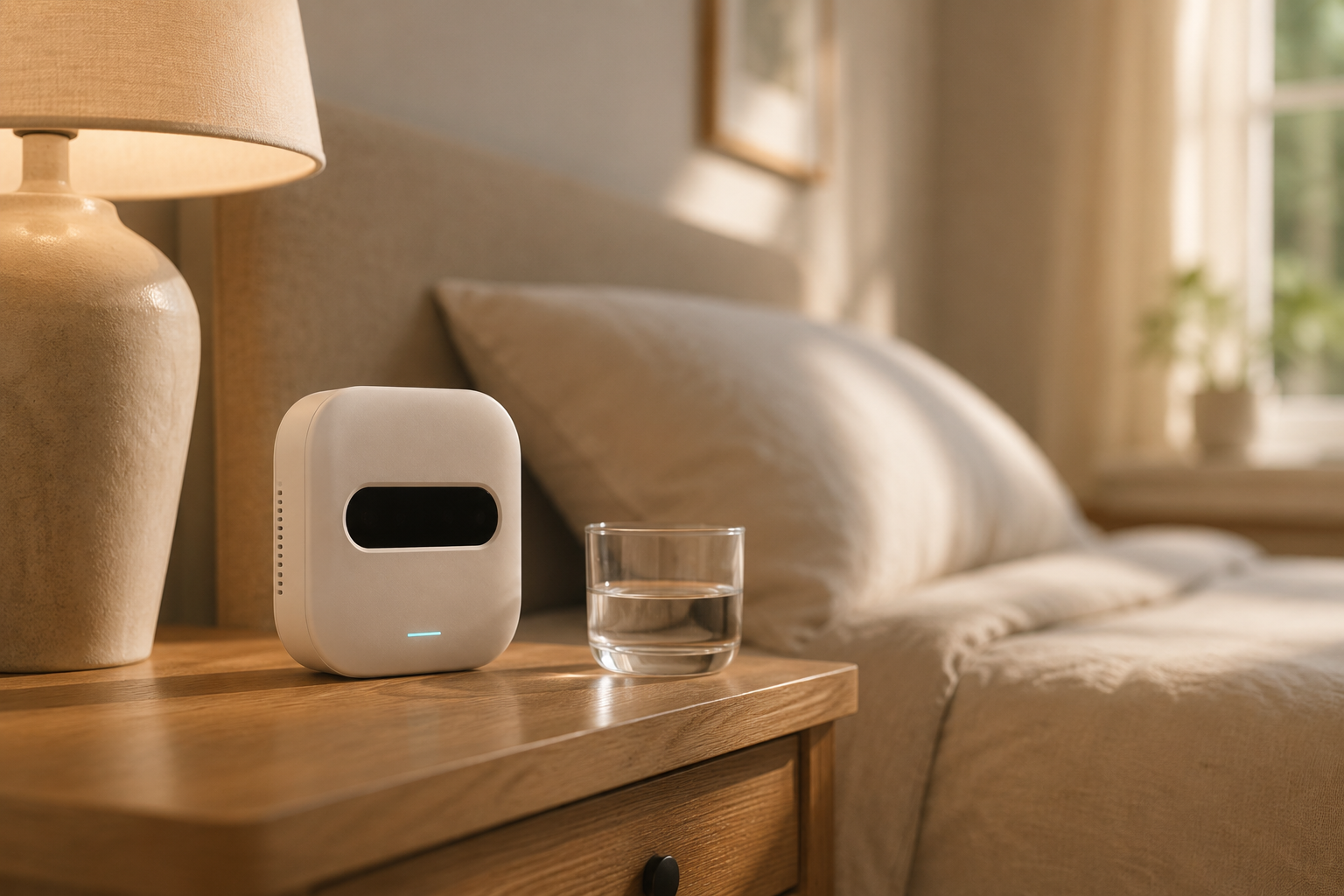 Mindeze Halo resting on a bedside table beside a lamp and a glass of water.