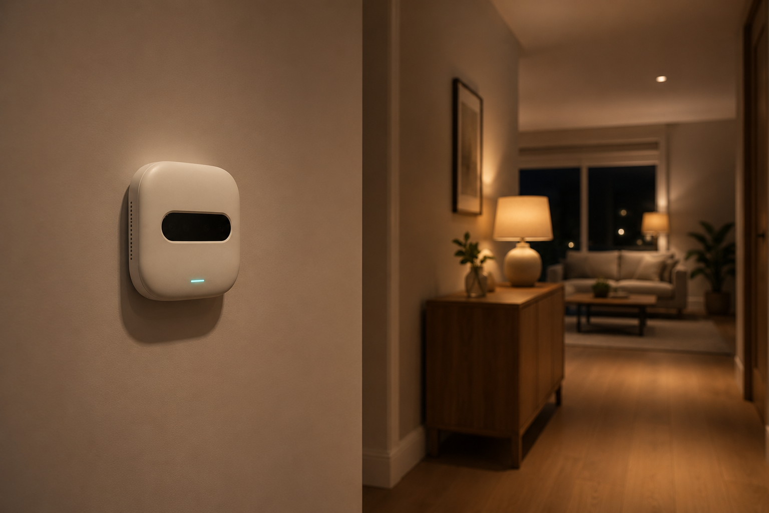 Mindeze Halo wall-mounted in a softly lit hallway.
